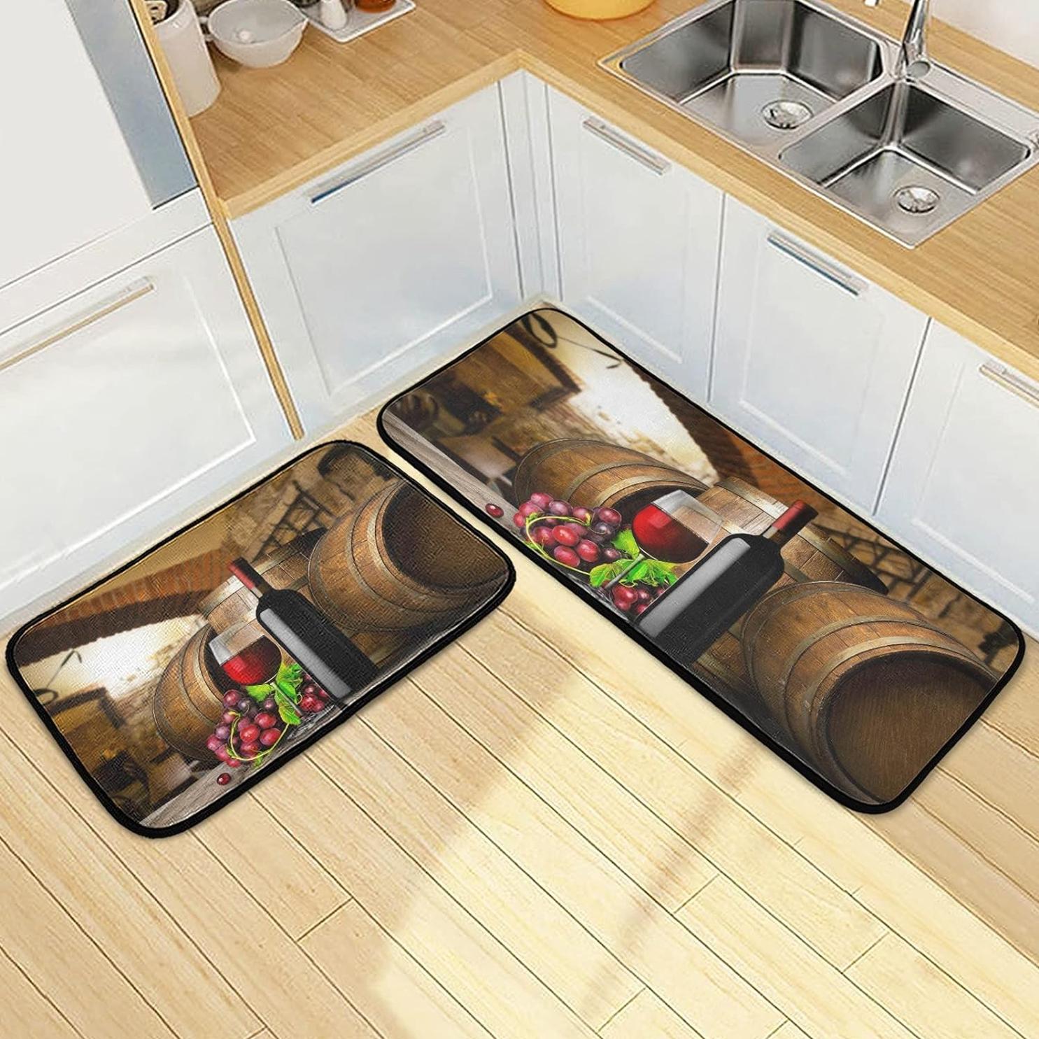 Bestwell Red Wine Grapes Kitchen Rugs Set of 2, Wooden Barrel Floor