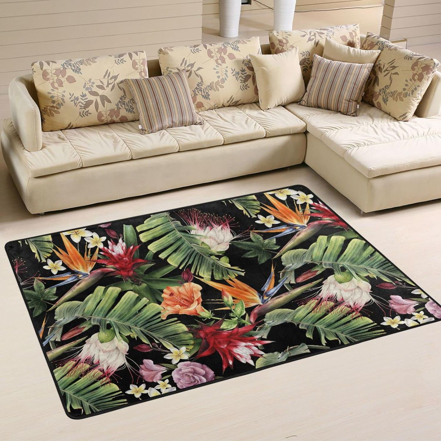 Bestwell Tropical Flowers Colorful Area Rug 72×48in Summer Banana Leaf ...