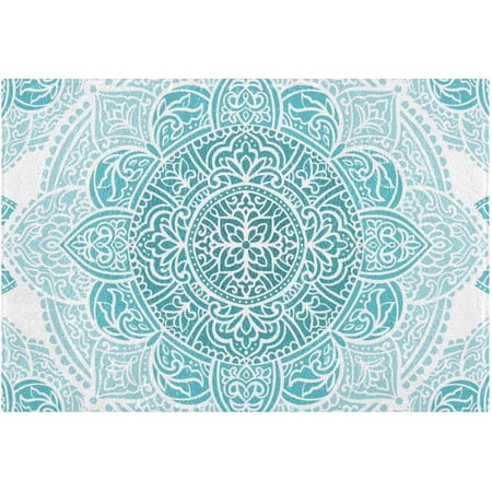 Bestwell Turquoise Mandala Anti-Slip Ultra Absorbent Durable Bath RUG, with Rubber Backing,24"x16"