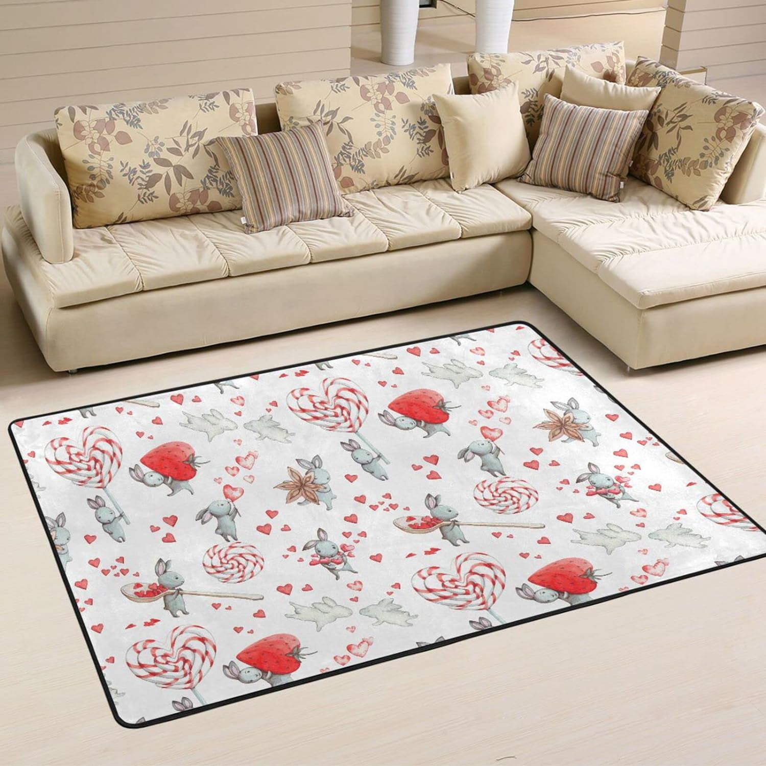 Bestwell Valentines Funny Rabbit NonSlip Area Rug Cute Candy Bunny