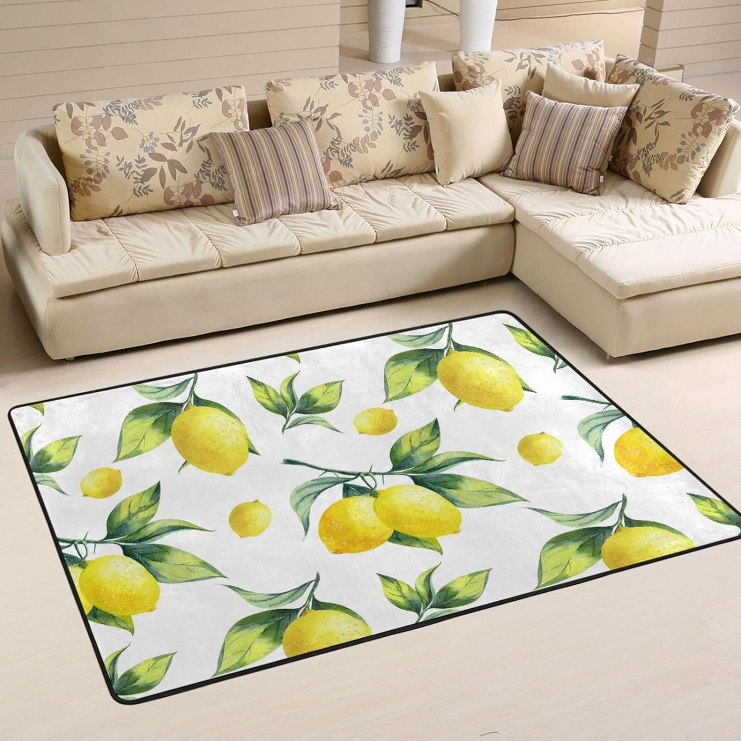 Bestwell Vintage Lemon Yellow Area Rug,72"×48" Summer Fruits Floor
