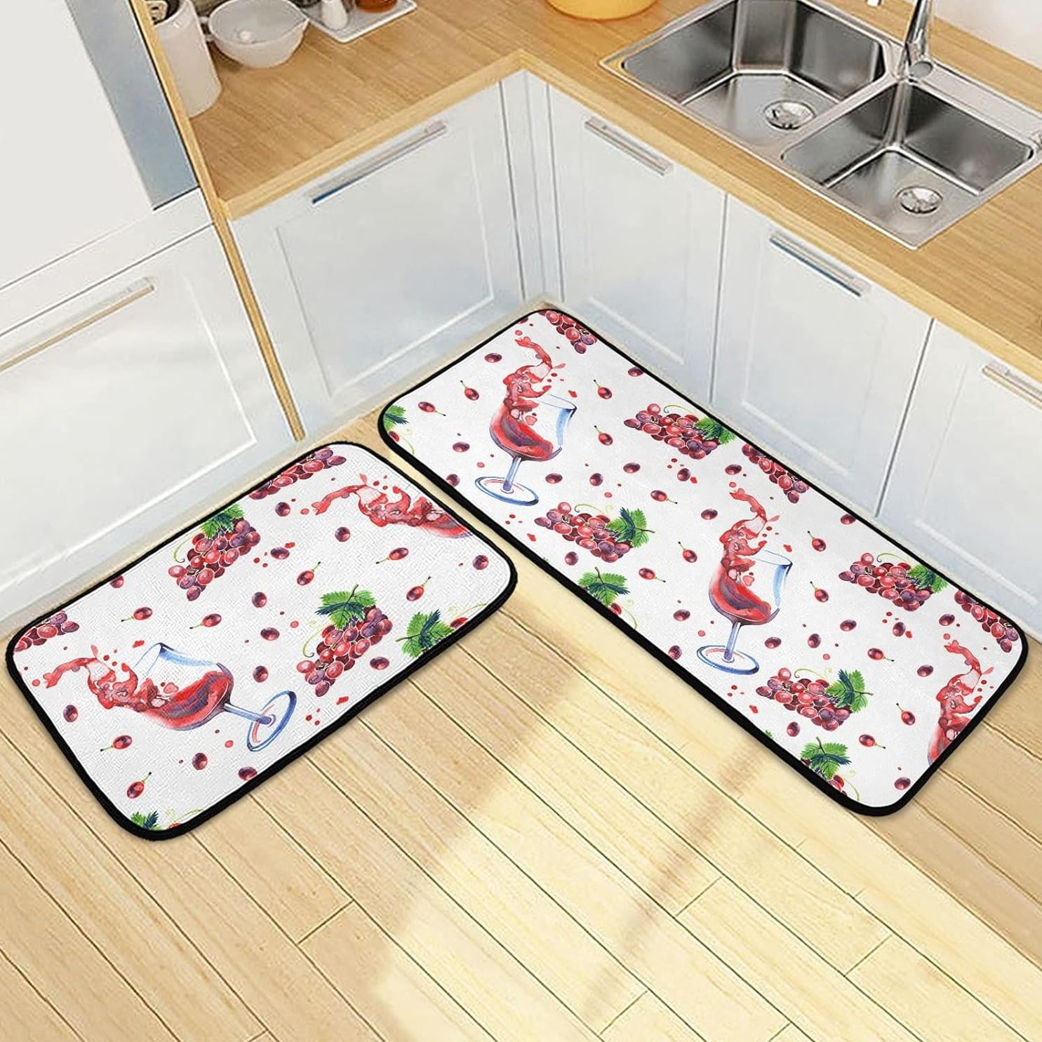 Bestwell Watercolor Summer Grape Kitchen Rugs Set of 2, Red Wine Floor