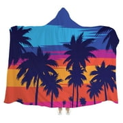 Bestwell Wearable Blanket Throw, Evening on The Beach with Palm Trees Hooded Robe Cloak Quilt Poncho, Microfiber Plush Warm Cape Wrap, 60x80 Inch