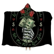 Bestwell Wearable Blanket Throw, Money Rose Flowers Skeleton Hooded Robe Cloak Quilt Poncho, Microfiber Plush Warm Cape Wrap, 55x70 Inch