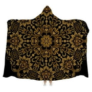 Bestwell Wearable Blanket Throw, Round Golden Pattern with Arabesques and Floral Hooded Robe Cloak Quilt Poncho, Microfiber Plush Warm Cape Wrap, 50x60 Inch