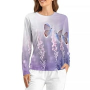 Bestwell Women's Long Sleeve Pajamas Tops, Lavender Flowers And Two Butterfly Faux Cotton Tees for Women, Soft Breathable Scoopneck Raglan Sleep Tops, 2XL