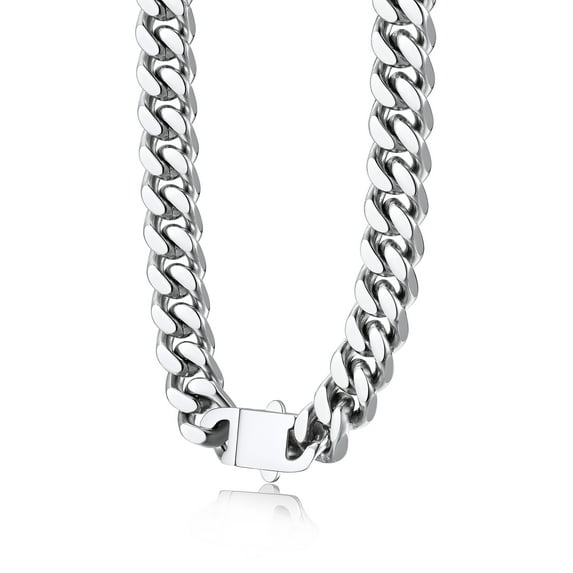 Bestyle 12mm Miami Cuban Chain Necklaces for Men Stainless Steel Curb Long Necklace Heavy Curb Choker for Dad Son Husband, 30 Inch