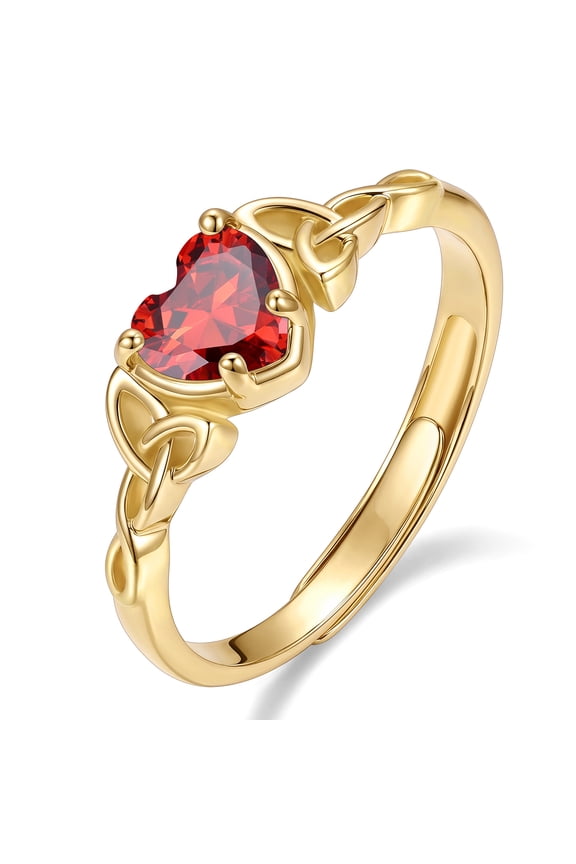 14K Gold Plated Birthstone Rings for Women Adjustable Heart Rings Ruby Promise Wedding Ring Birthday Gifts for Her Size 5-10