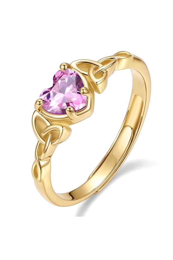 14K Gold Plated Birthstone Rings for Women Adjustable Heart Rings Tourmaline Promise Wedding Ring Birthday Gifts for Her Size 5-10