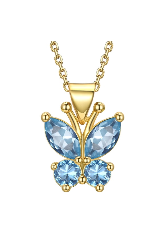 14K Gold Plated Butterfly Necklace for Women, Simulated Aquamarine Birthstone Crystal Pendant Jewelry Birthday Graduation Gifts for Her