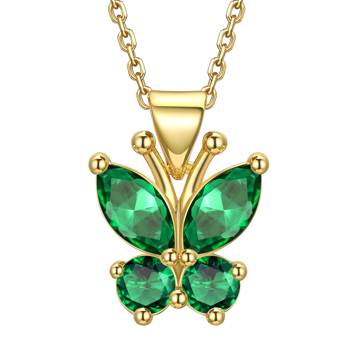 Bestyle 14K Gold Plated Butterfly Necklace for Women, Simulated Emerald Birthstone Crystal Pendant Jewelry Birthday Graduation Gifts for Her