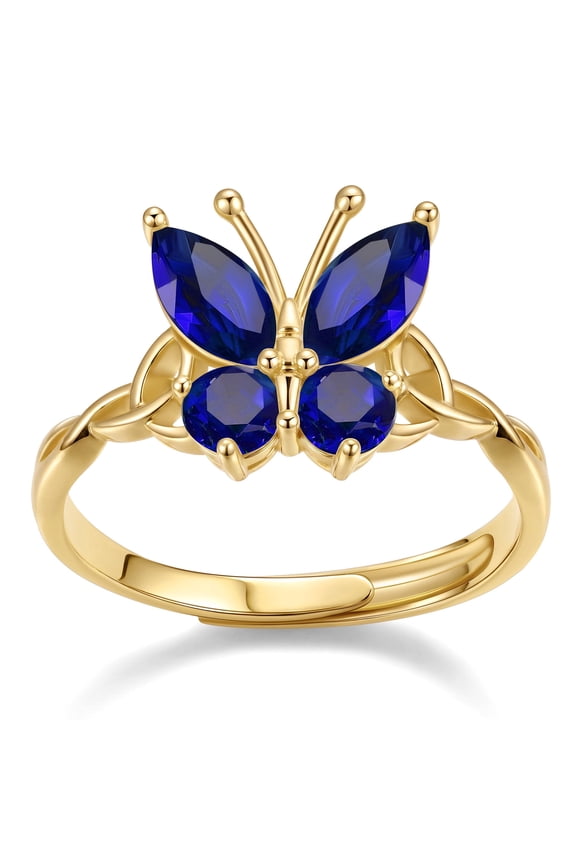 14K Gold Plated Butterfly Ring for Women, Created Sapphire September Birthstone Open Rings Adjustable for Everyday Wear Christmas Birthday Gifts