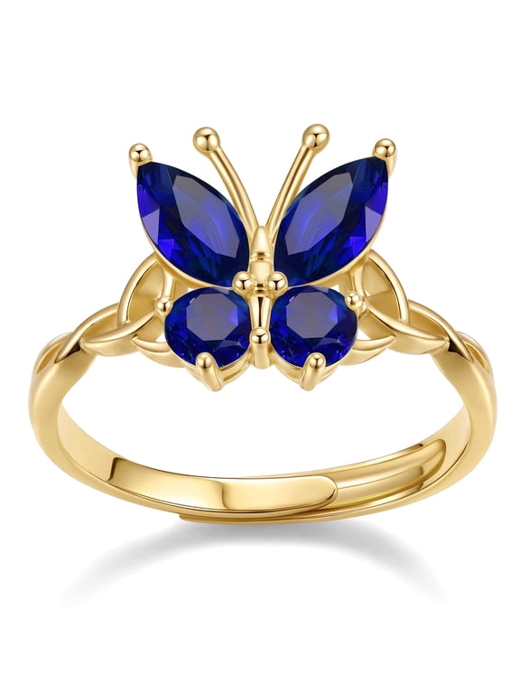 14K Gold Plated Butterfly Ring for Women, Created Sapphire September Birthstone Open Rings Adjustable for Everyday Wear Christmas Birthday Gifts