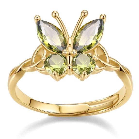 Bestyle 14K Gold Plated Butterfly Ring for Women, Created Peridot August Birthstone Open Rings Adjustable for Everyday Wear Christmas Birthday Gifts