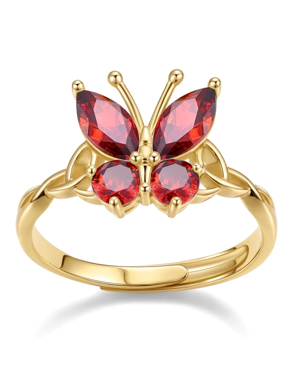 14K Gold Plated Butterfly Ring for Women, Created Ruby July Birthstone Open Rings Adjustable for Everyday Wear Christmas Birthday Gifts