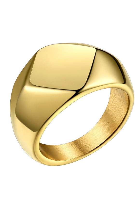 18K Gold Plated Band Ring Stainless Steel Rings for Men Chunky Rhombus Signet Stackable Hip Hop Statement Ring Jewelry Gift, Size 9