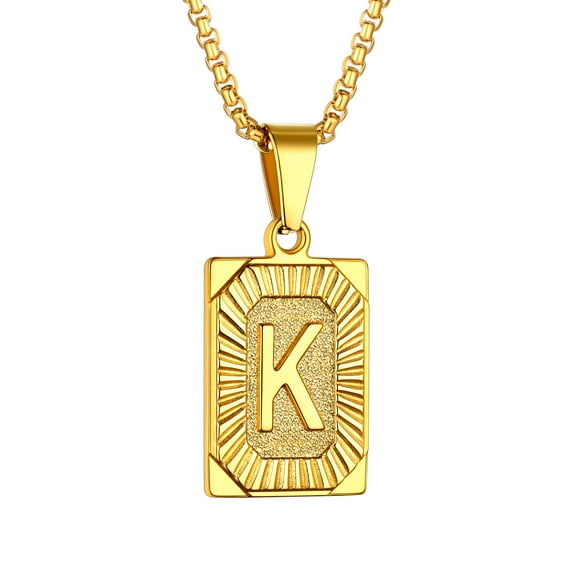 Bestyle 18K Gold Plated Letter Necklace for Men Women, 22inch Stainless Steel Box Chain Dog Tag Pendant Statement Gift for Dad Son Boyfriend - K