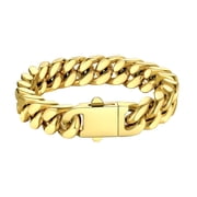 Bestyle 18K Gold Plated Miami Cuban Link Chain Bracelets for Men, Hip-Hop Cool Men s Bracelet Stainless Steel Hand Chain Bracelet 12mm Width, 19cm Length
