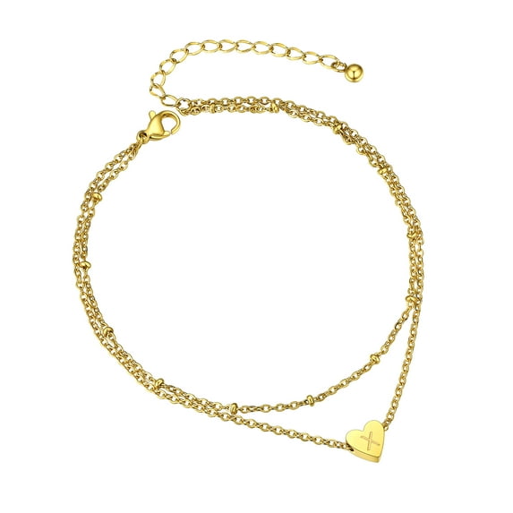 Bestyle 14K Gold Plated Heart Anklet Bracelet for Women, Double Layered Letter Initial Anklet Summer Beach Mother's Day Birthday Gifts