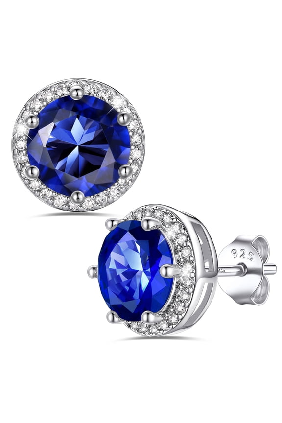 2 Carat Solitaire Birthstone Earrings for Women Sparkle Round Synthetic Sapphire Studs Birthday Christmas Anniversary Gifts