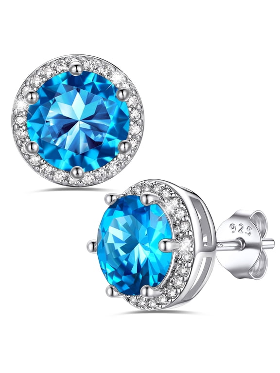 2 Carat Solitaire Birthstone Earrings for Women Sparkle Round Synthetic Turquoise Studs Birthday Christmas Anniversary Gifts