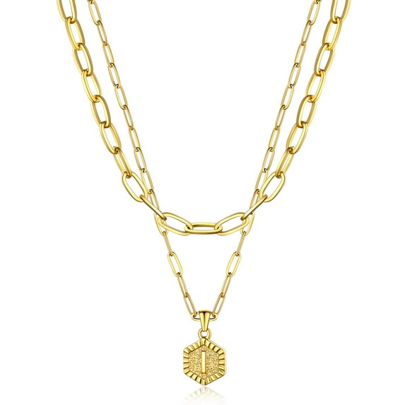 Bestyle 2PCS Layered Choker Necklaces Initial I Pendant Necklace 18K Gold Plated Hexagon Letter Paperclip Chain for Daughter Niece Sister