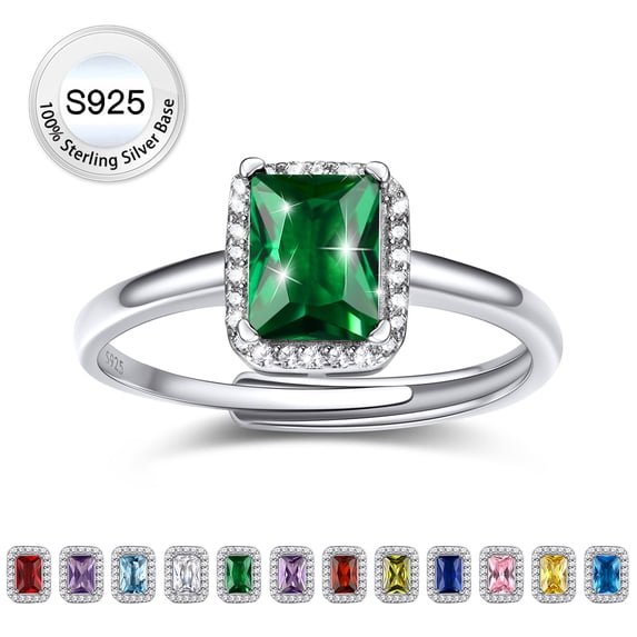 Bestyle 2ct Square-Cut Synthetic Emerald Rings Pure S925 Sterling Silver Open Band Rings May Birthstone Birthday Gift for Mom Wife Girlfriend Daughter