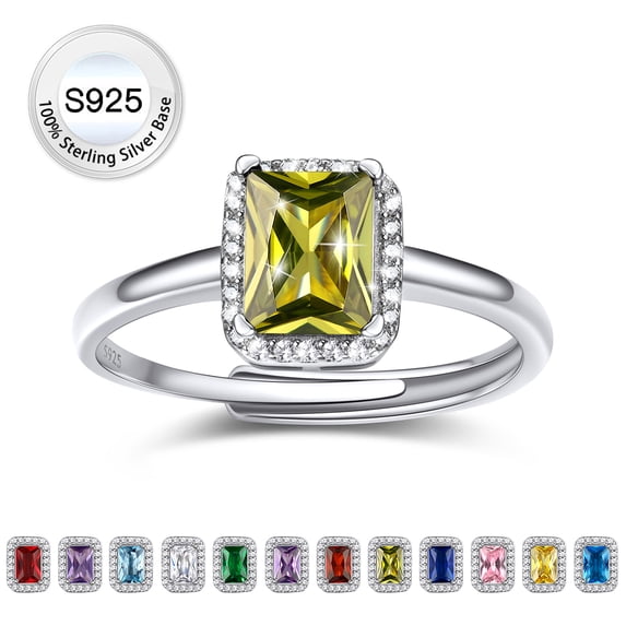 Bestyle 2ct Square-Cut Synthetic Peridot Rings Pure S925 Sterling Silver Open Band Rings August Birthstone Birthday Gift for Mom Wife Girlfriend Daughter