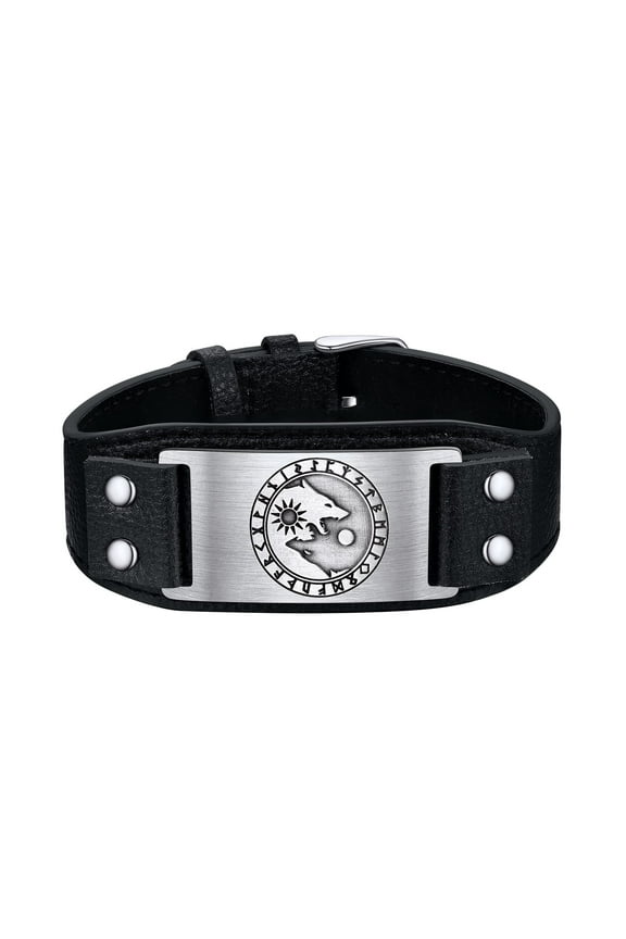 30mm Wide Black Leather Bracelets for Men Boys, Wolf Chasing Sun Moon Stainless Steel Tag Cuff Wristband Celtic Pagan Jewelry of Talisman