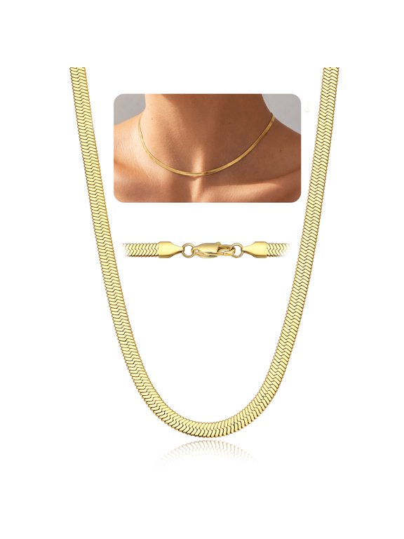 3mm Women Gold Plated Necklace Chain Flat Snake Herringbone Choker Birthday Christmas Graduation Gifts Gifts for Girlfriend Daughter Mom, 12.5"