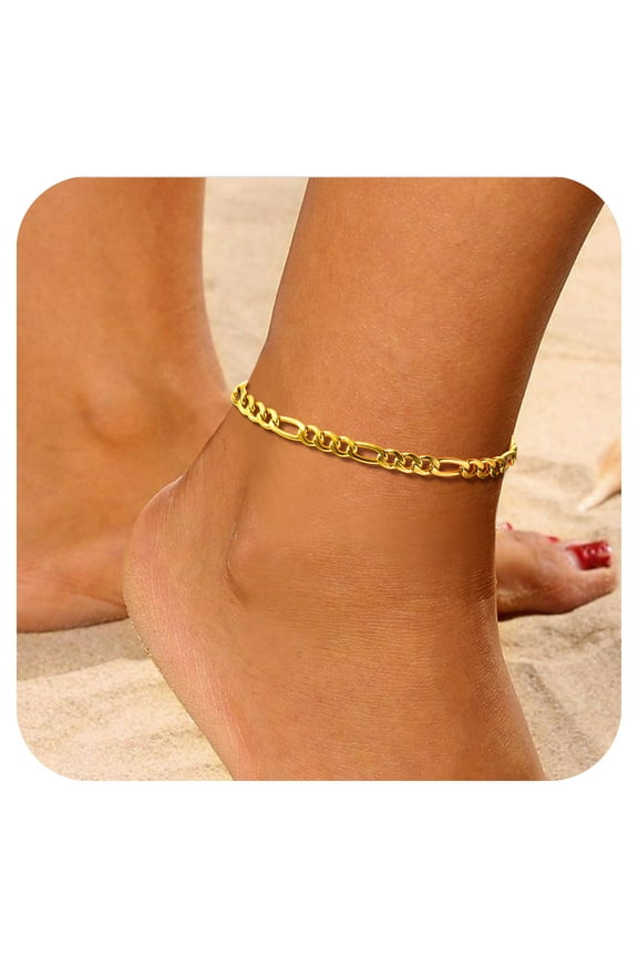 5mm Figaro Anklet Bracelet for Women Mom Daughter, 14K Gold Plated Ankle Chain Anklet Bracelets Summer Beach Anklet Foot Jewelry Gift