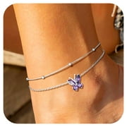 Bestyle Pure S925 Sterling Silver Ankle Bracelet Women Butterfly Birthstone Double Layered Anklets Jewelry Gifts for Birthday Christmas Graduation, February