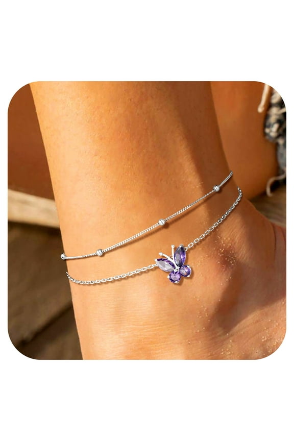 Sterling Silver Ankle Bracelet Women Butterfly Birthstone Double Layered Anklets Jewelry Gifts for Birthday Christmas, February