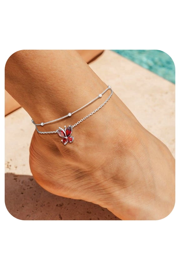 Pure S925 Sterling Silver Ankle Bracelet Women Butterfly Birthstone Double Layered Anklets Jewelry Gifts for Birthday Christmas Graduation, January