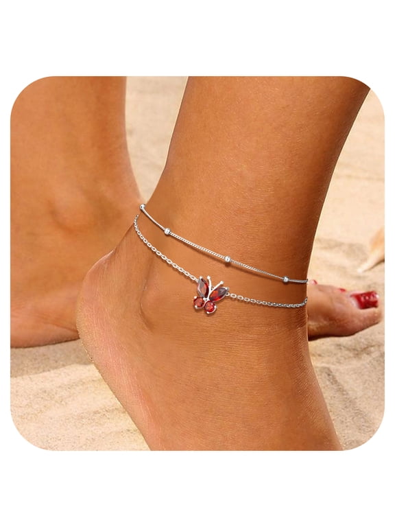 Pure S925 Sterling Silver Ankle Bracelet Women Butterfly Birthstone Double Layered Anklets Jewelry Gifts for Birthday Christmas Graduation, July