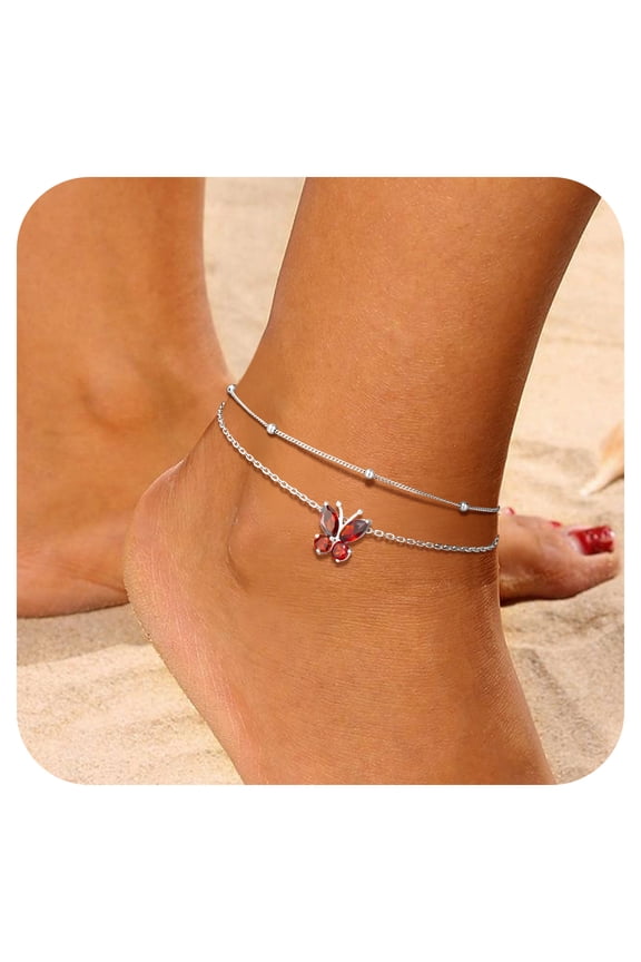 Sterling Silver Ankle Bracelet Women Butterfly Birthstone Double Layered Anklets Jewelry Gifts for Birthday Christmas, July