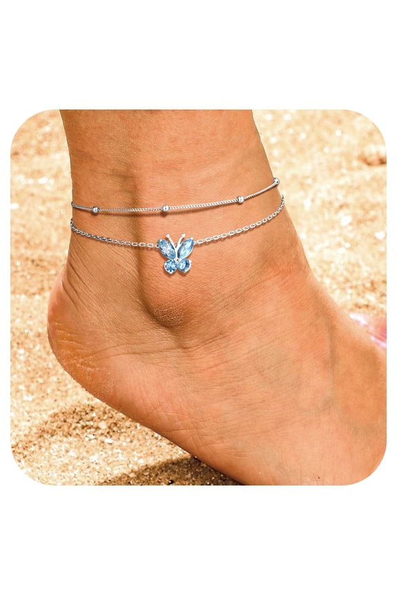 Sterling Silver Ankle Bracelet Women Butterfly Birthstone Double Layered Anklets Jewelry Gifts for Birthday Christmas, March