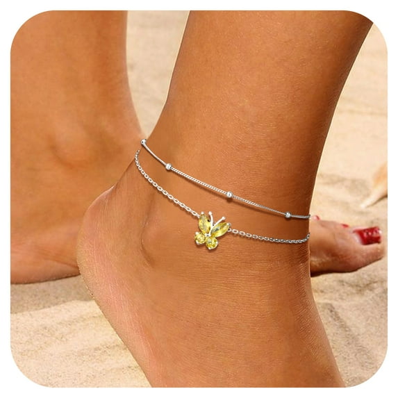 Bestyle Sterling Silver Ankle Bracelet Women Butterfly Birthstone Double Layered Anklets Jewelry Gifts for Birthday Christmas, November
