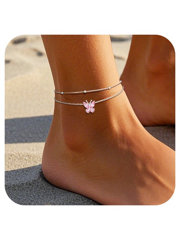 Pure S925 Sterling Silver Ankle Bracelet Women Butterfly Birthstone Double Layered Anklets Jewelry Gifts for Birthday Christmas Graduation, October