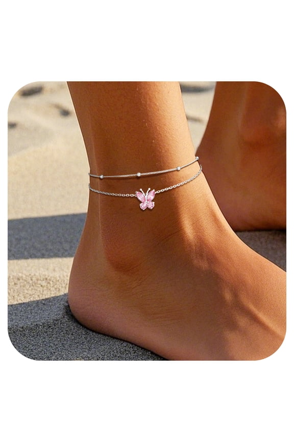 Pure S925 Sterling Silver Ankle Bracelet Women Butterfly Birthstone Double Layered Anklets Jewelry Gifts for Birthday Christmas Graduation, October