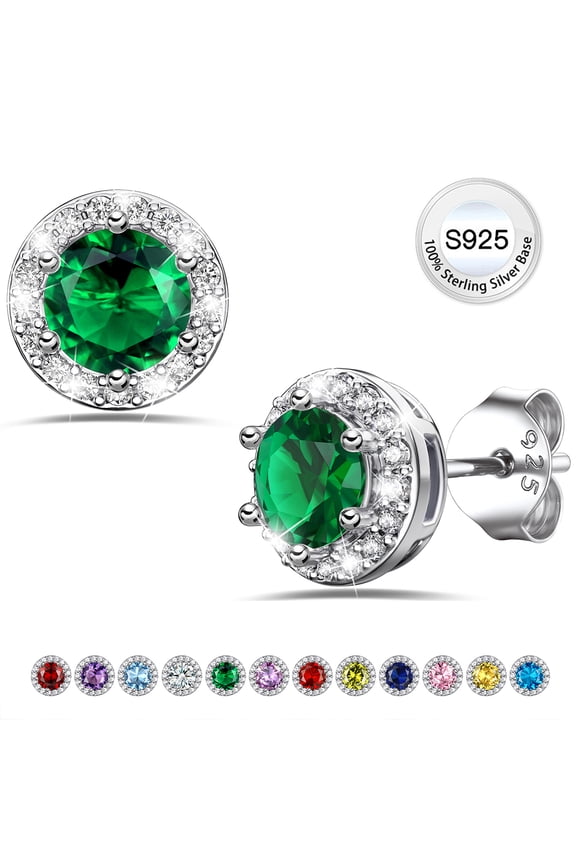 Pure 925 Sterling Silver Birthstone Stud Earrings Round Crystal Created Green Emerald Diamond Studs Earrings Women Valentines Gift May