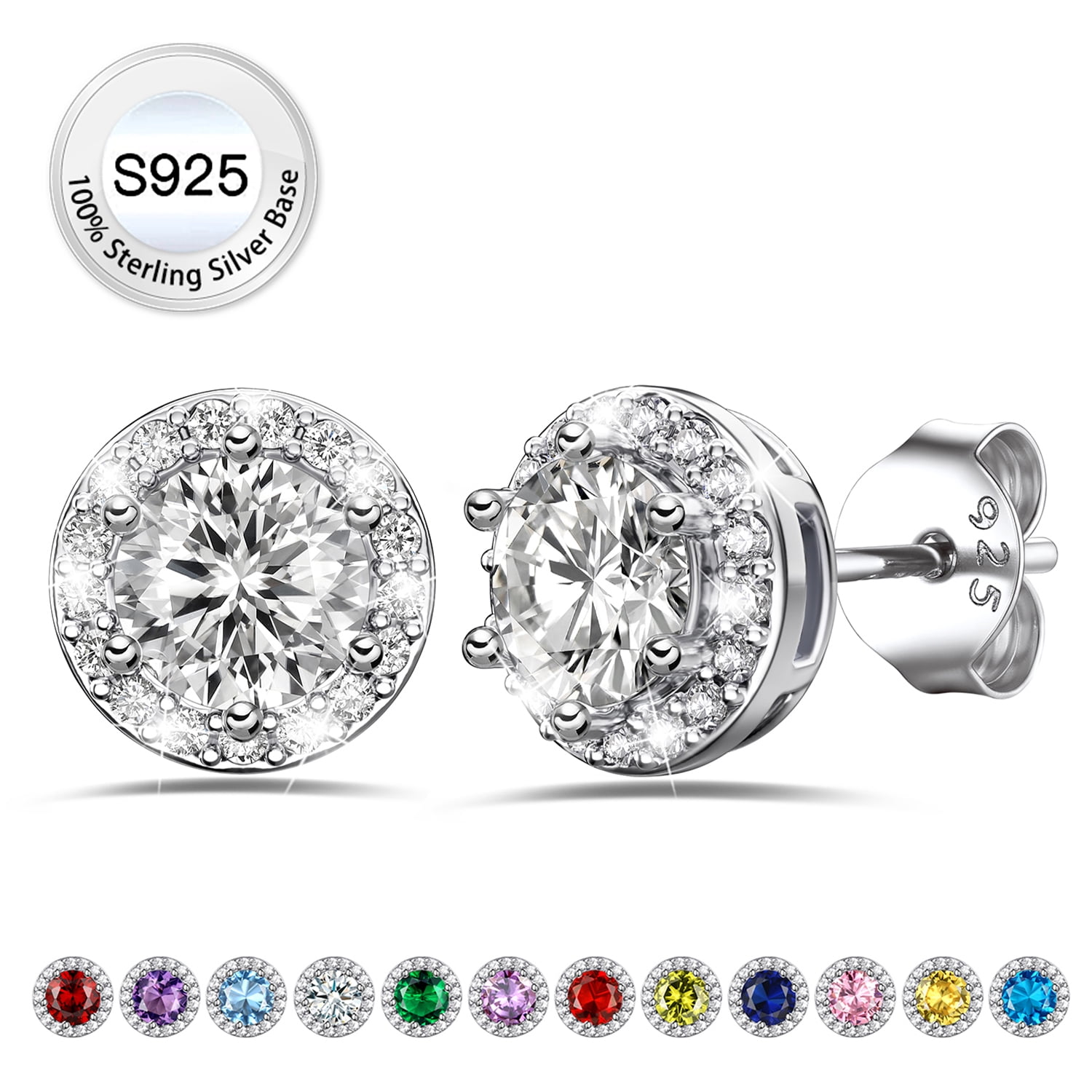 Bestyle Pure 925 Sterling Silver Birthstone Stud Earrings Round Synthetic Clear Quartz Diamond Studs Earrings Women Birthday Graduation Gifts April
