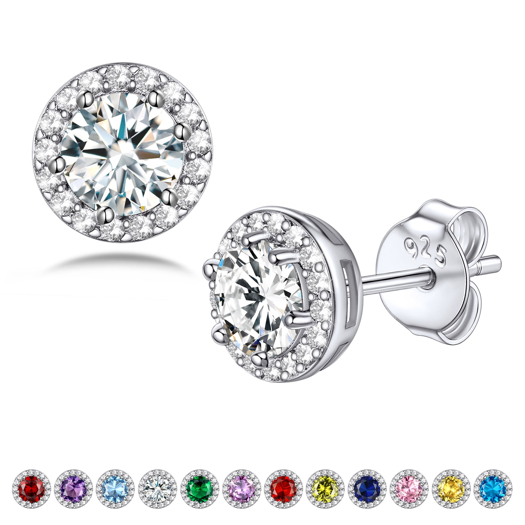 Bestyle 925 Sterling Silver Birthstone Stud Earrings Round Synthetic