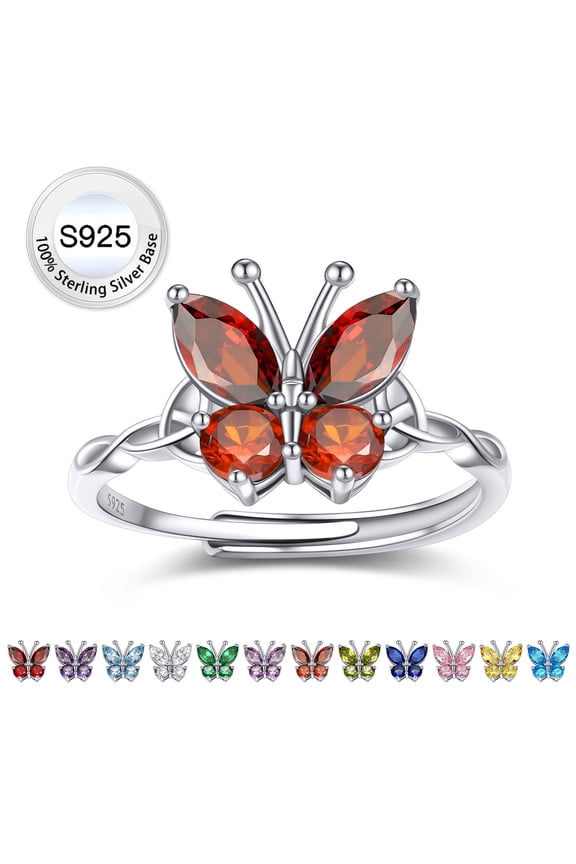 Pure S925 Sterling Silver Butterfly Rings, July Ruby Birthstone Adjustable Open Band Ring Jewelry Gift Birthday Mother's Day Christmas