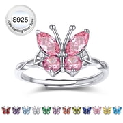 Pure S925 Sterling Silver Butterfly Rings, October Aourmaline Birthstone Adjustable Open Band Ring Jewelry Gift Birthday Mother's Day Christmas