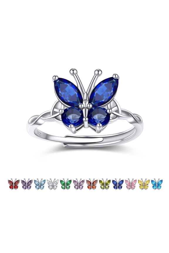 925 Sterling Silver Butterfly Rings, September Sapphire Birthstone Adjustable Open Band Ring Jewelry Gift Birthday Christmas Valentines Day