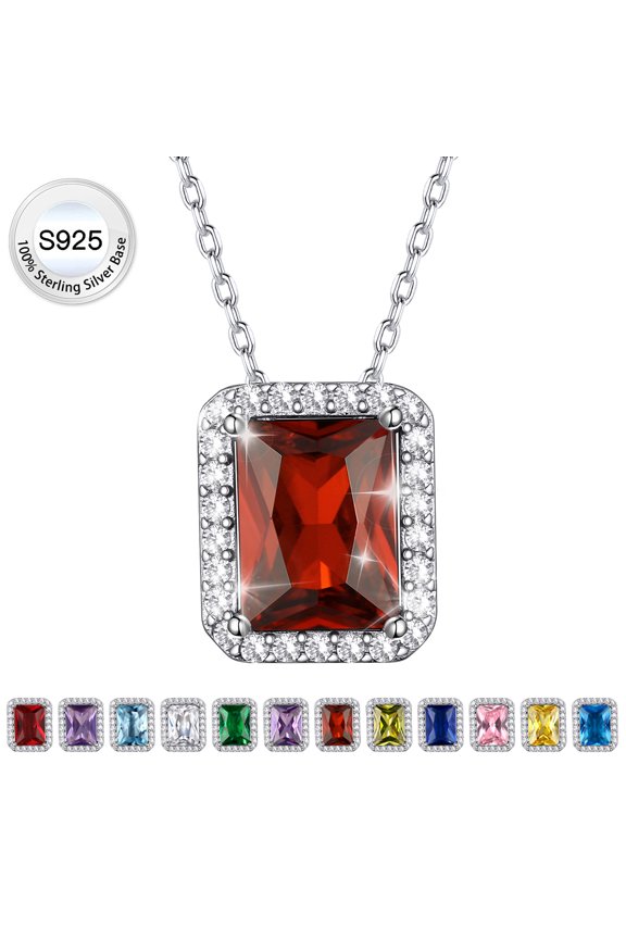 Pure 925 Sterling Silver Pendant Necklace Square Cut Crystal Birthstone Necklaces July Purple Red Ruby Valentins Day Birthday Gift