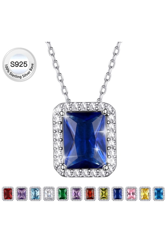 Pure 925 Sterling Silver Pendant Necklace Square Cut Crystal Birthstone Necklaces September Blue Sapphire Valentins Day Birthday Gift