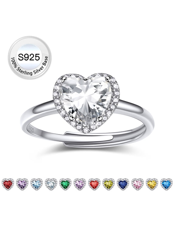 Pure S925 Sterling Silver Heart Rings for Women Sparkle Open Band Ring April Created Diamond Rings Mother's Day Gift Size 6-12