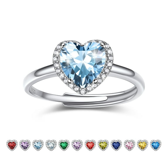 Bestyle 925 Sterling Silver Heart Rings for Women Sparkle Open Band Ring March Created Aquamarine Rings Valentines Day Gift Size 6-12